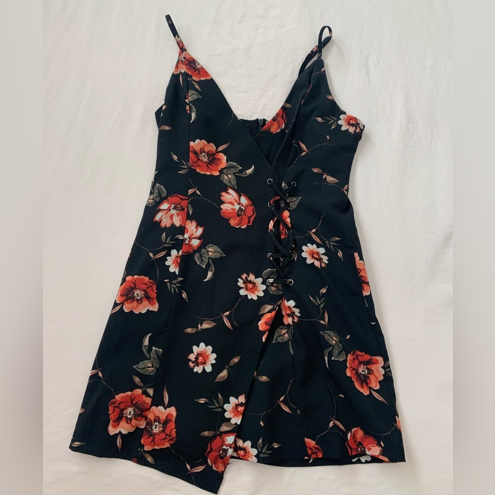 Floral Print Mini Dress with Lace up Detailing